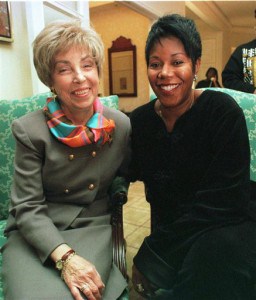 FILE - In this Jan. 16, 1998 file photo, Barbara Henry, a former teacher at William Frantz Elementry school in New Orleans, left, and her 1960 first grade student Ruby Bridges-Hall, pose for a portrait in Boston. Ruby Bridges will be one of the presenting authors at this weekends New Orleans Childrens Book Festival, an event Bridges helped launch in 2010. (AP Photo/Steven Senne, file)