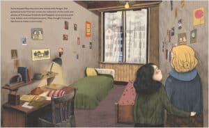 Anne Frank and Miep Gies in Anne's Room in the Secret Annex from Behind the Bookcase: Miep Gies, Anne Frank, and the Hiding Place by Barbara Lowell, Illustrated by Valentina Toro
